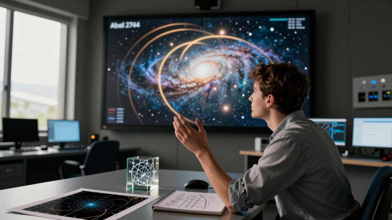 Jovem observa simulação da galáxia Abell 2744 em sala com computadores e gráfico astronômico na mesa.