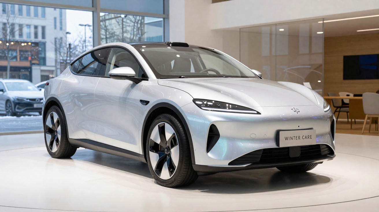 Carro elétrico prata moderno em exposição dentro de salão com grandes janelas e iluminação natural.