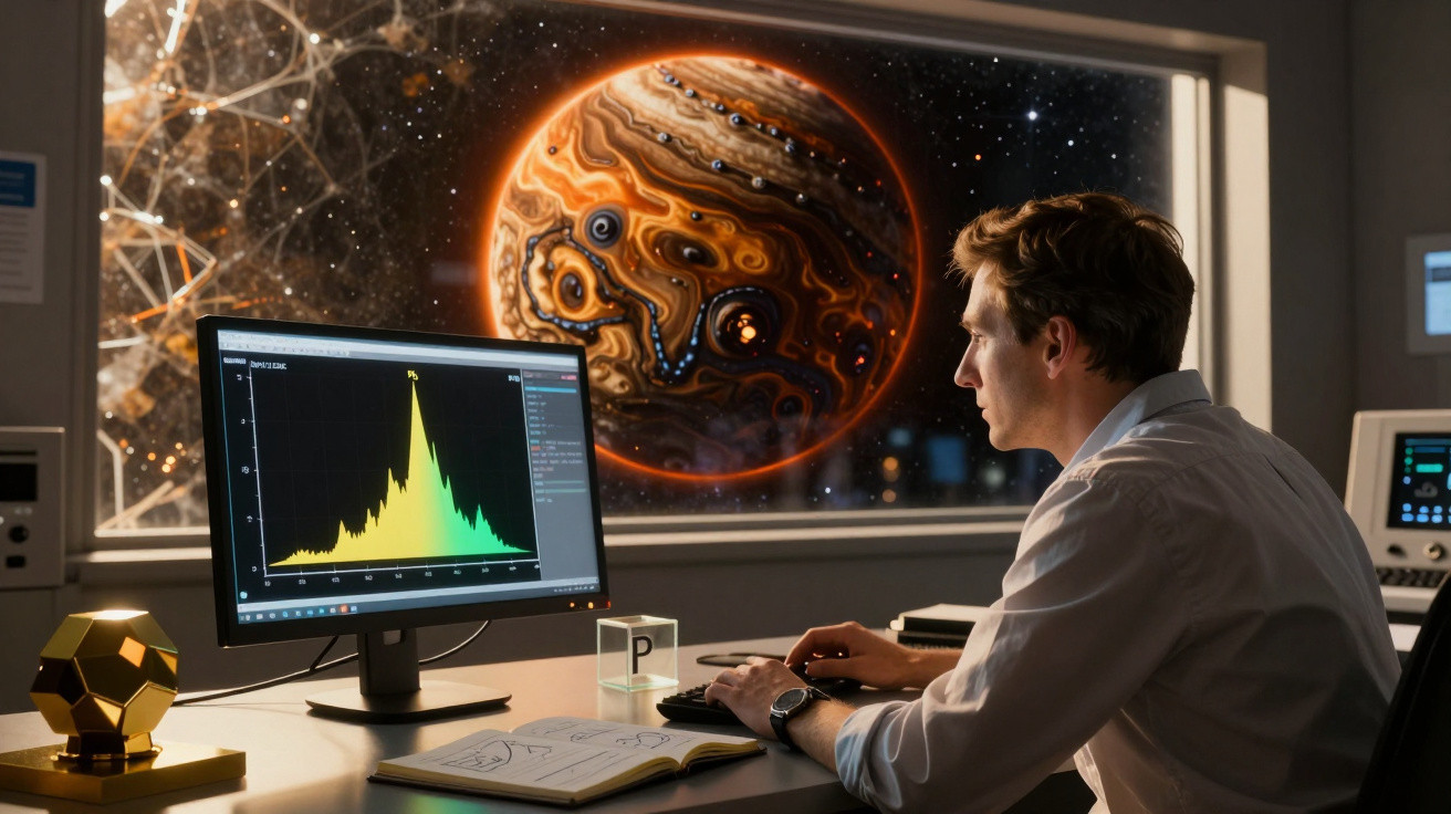 Homem analisando gráfico em computador com planeta laranja detalhado visível pela janela do escritório.
