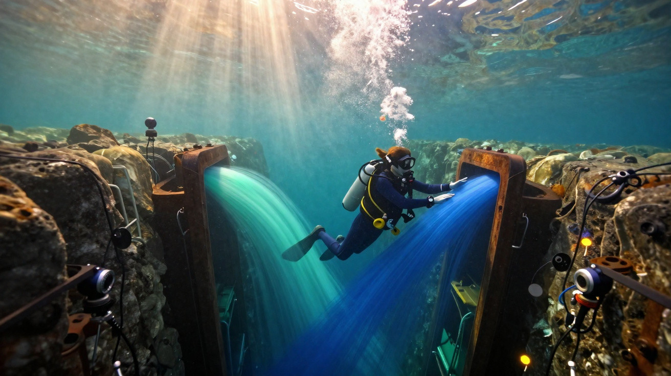 Mergulhador entre duas comportas submersas com jatos de água azul e verde fluindo ao redor.