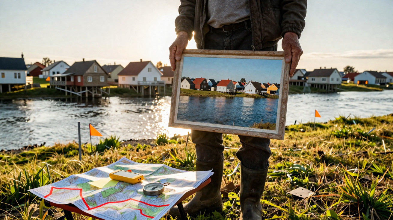 Pessoa segurando quadro com imagem de casas à beira de rio, ao fundo casas reais e mapa com bússola sobre mesa.