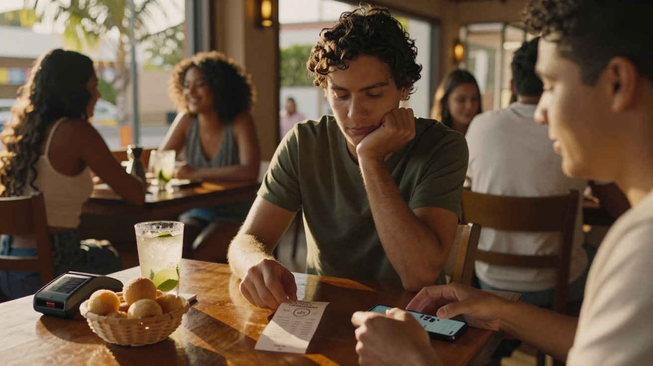 Jovem consulta a conta em restaurante, acompanhado por amigo usando celular, ambiente com outras pessoas ao fundo.