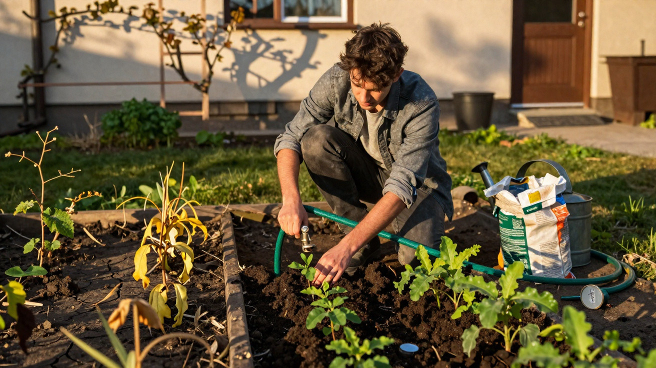 Jovem regando plantas em uma horta caseira durante o dia, com casaco cinza e cabelo bagunçado.