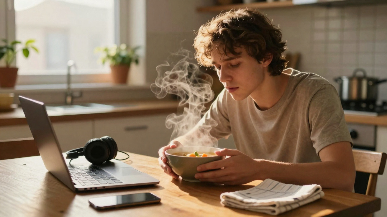 Jovem sentado à mesa na cozinha segurando uma tigela de sopa quente, com notebook e fones ao lado.