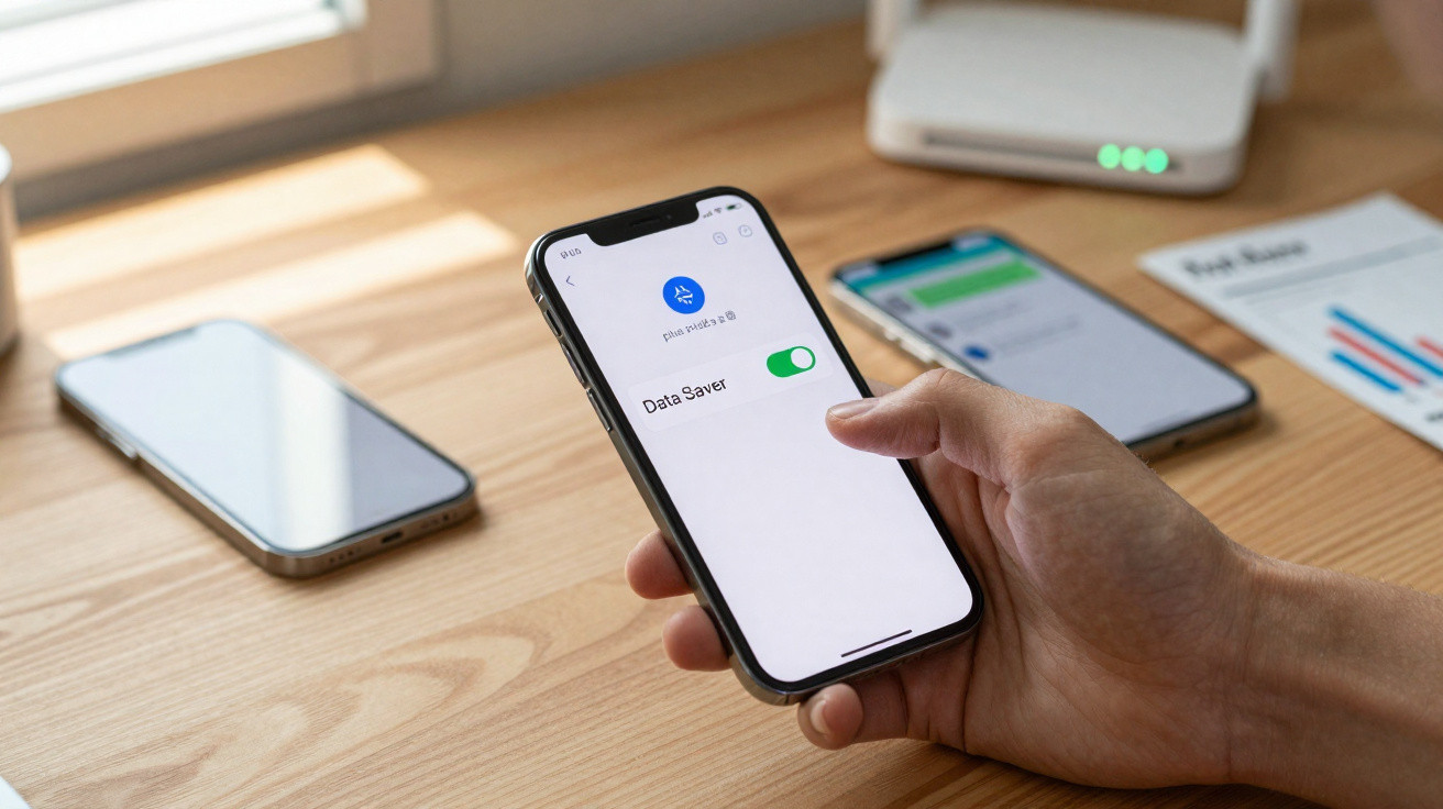 Pessoa segurando smartphone com modo de economia de dados ativado em uma mesa de madeira.