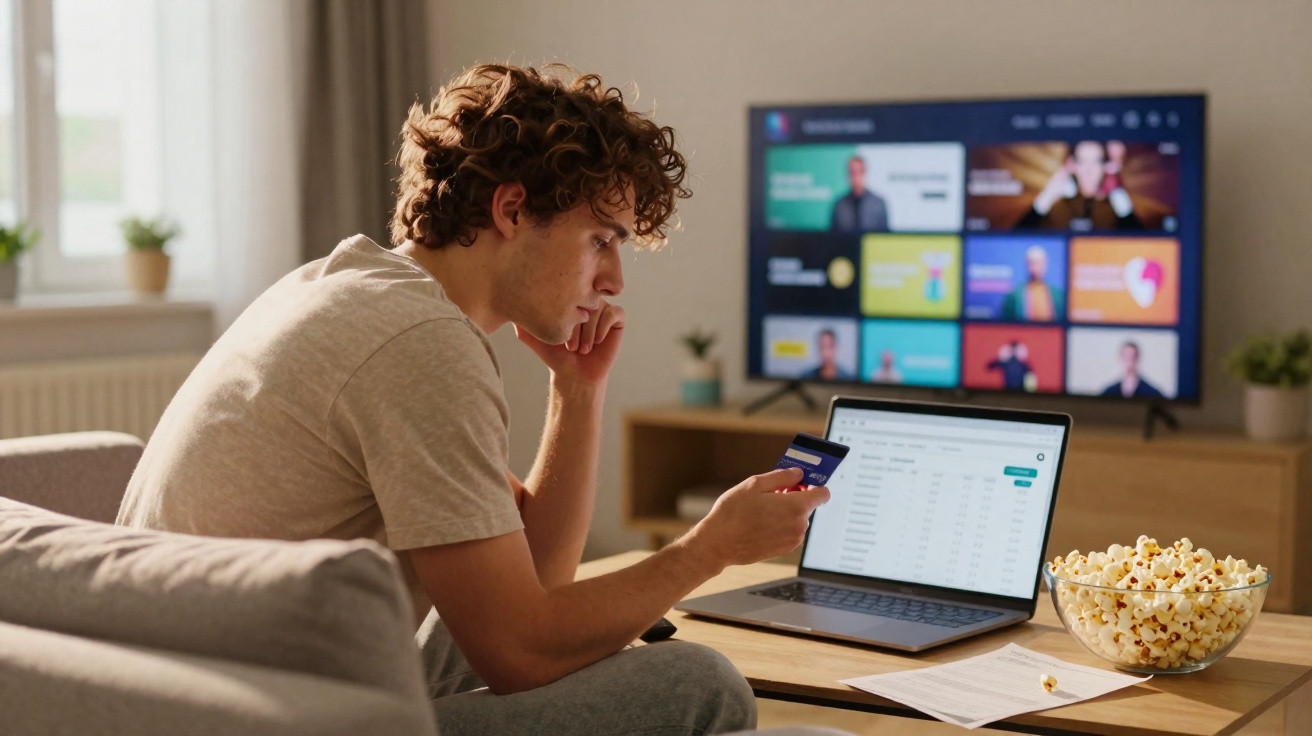Jovem sentado no sofá com laptop na mesa e cartão de crédito na mão, assistindo TV ao fundo.
