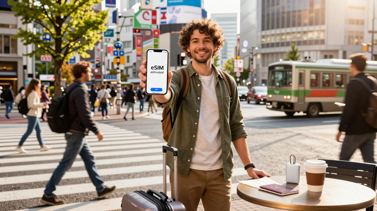 Homem sorridente em rua movimentada mostrando celular com mensagem eSIM ativado e mala de viagem.