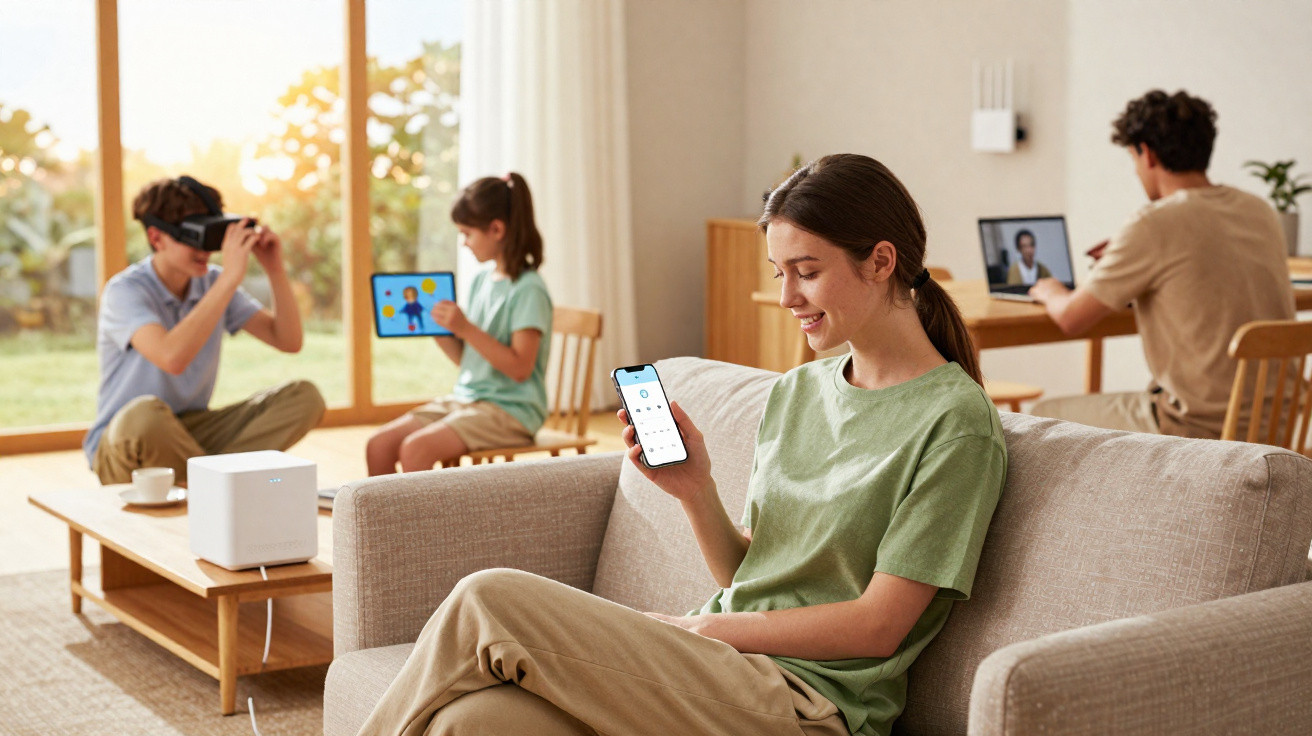 Família usa dispositivos eletrônicos em casa com mulher controlando o smartphone no sofá.