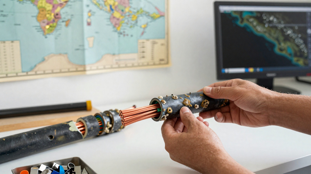 Mãos seguram cabo submarino de fibra óptica com fios de cobre expostos em mesa com mapa e computador ao fundo.