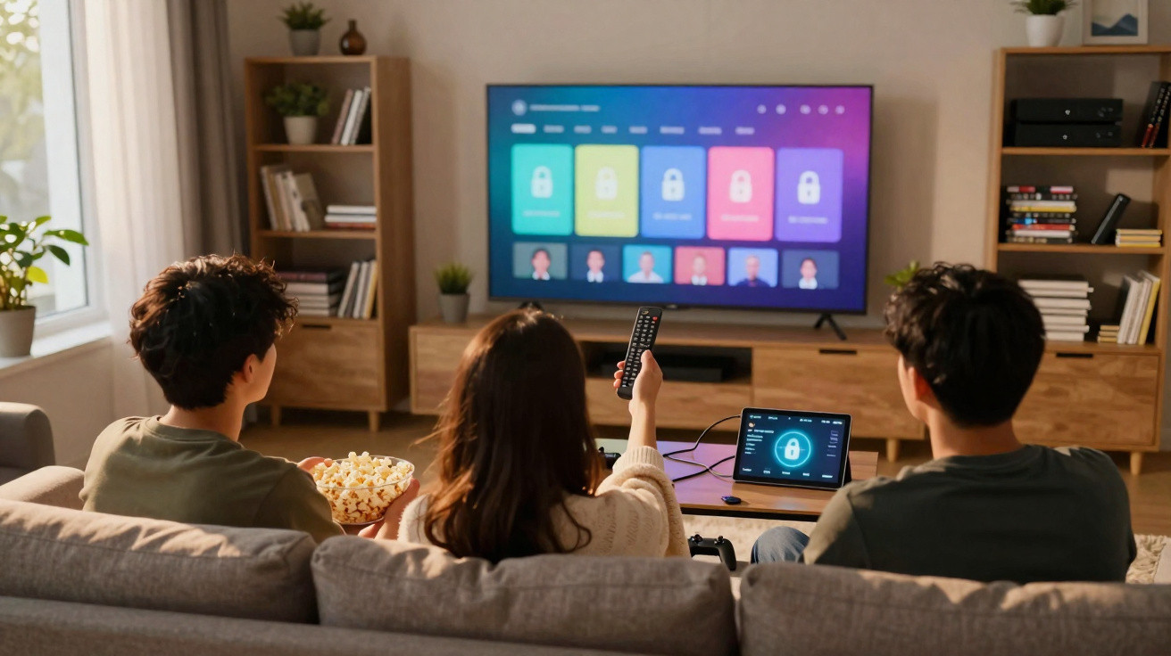 Três jovens sentados no sofá assistindo TV com controle remoto e tigela de pipoca na sala de estar.