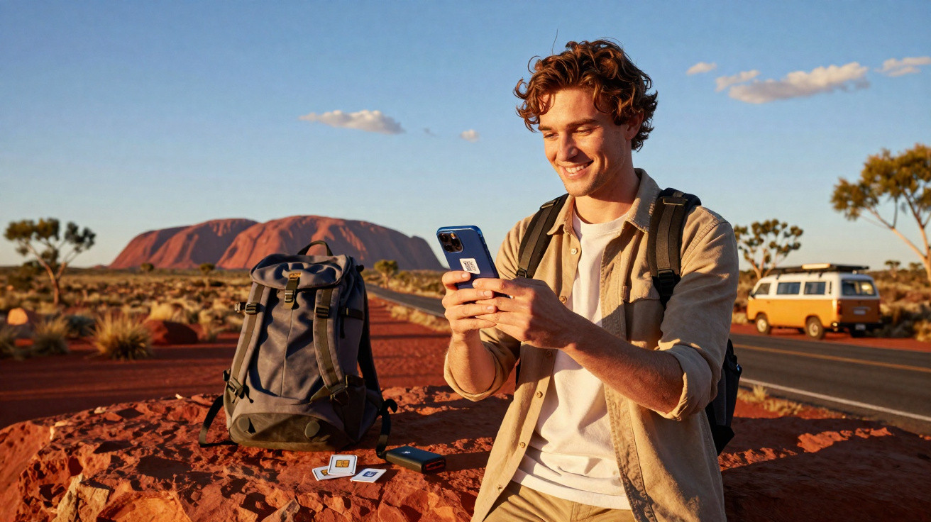 Jovem sorridente usando celular em paisagem desértica com mochila sobre pedra e carro amarelo ao fundo.