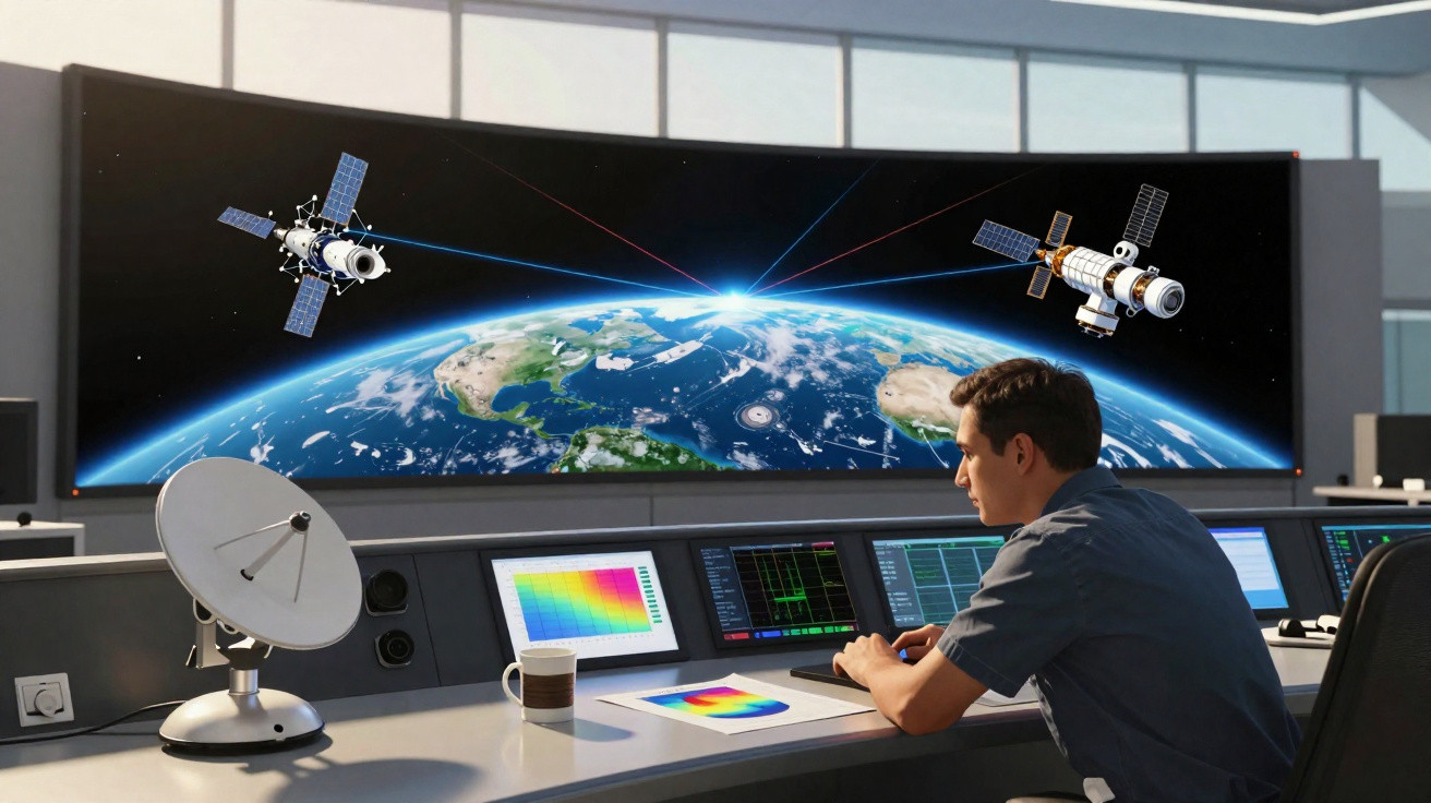 Homem em centro de controle monitorando satélites com vista da Terra em grande tela curva.