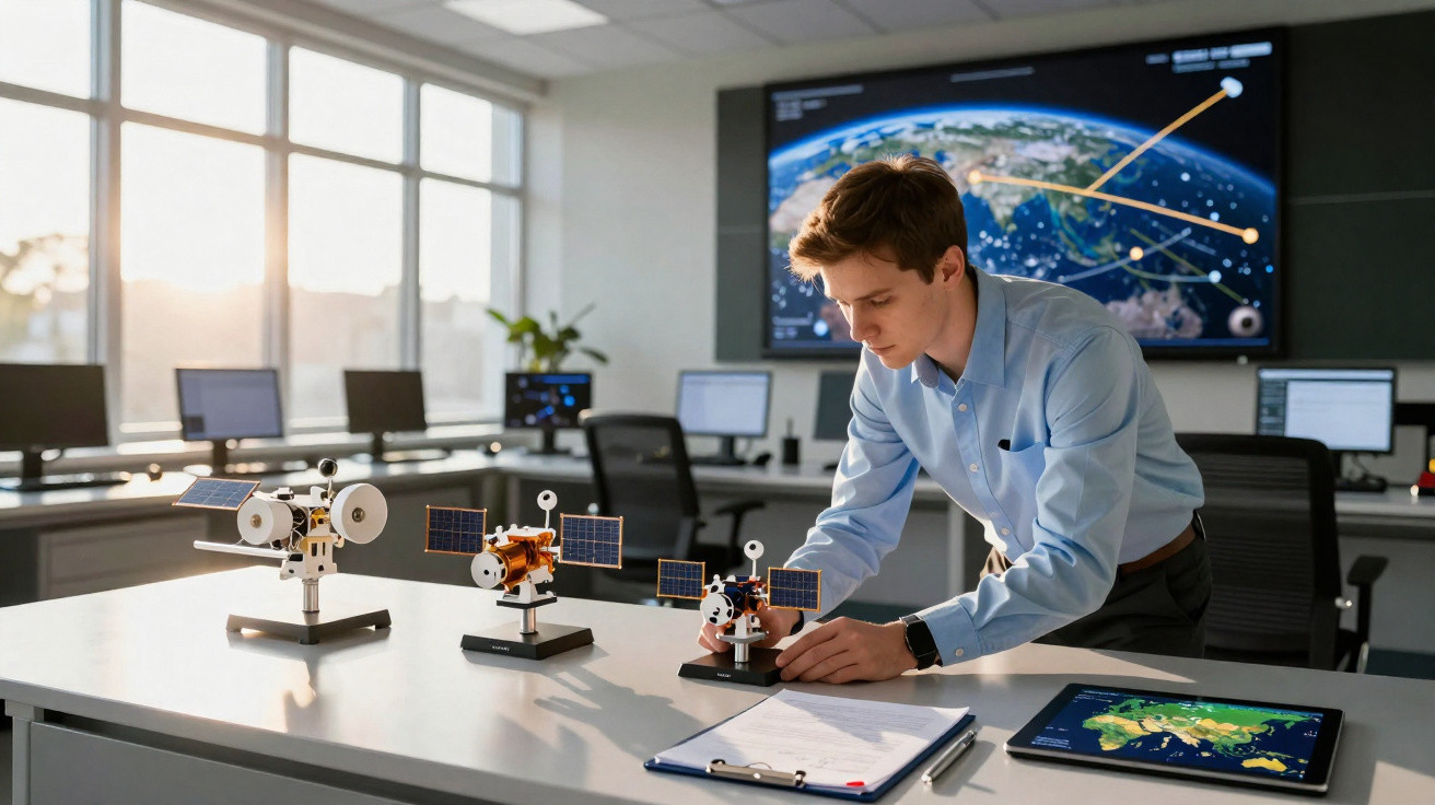 Jovem ajusta modelo de satélite em laboratório, com monitor mostrando mapa e gráficos ao fundo.