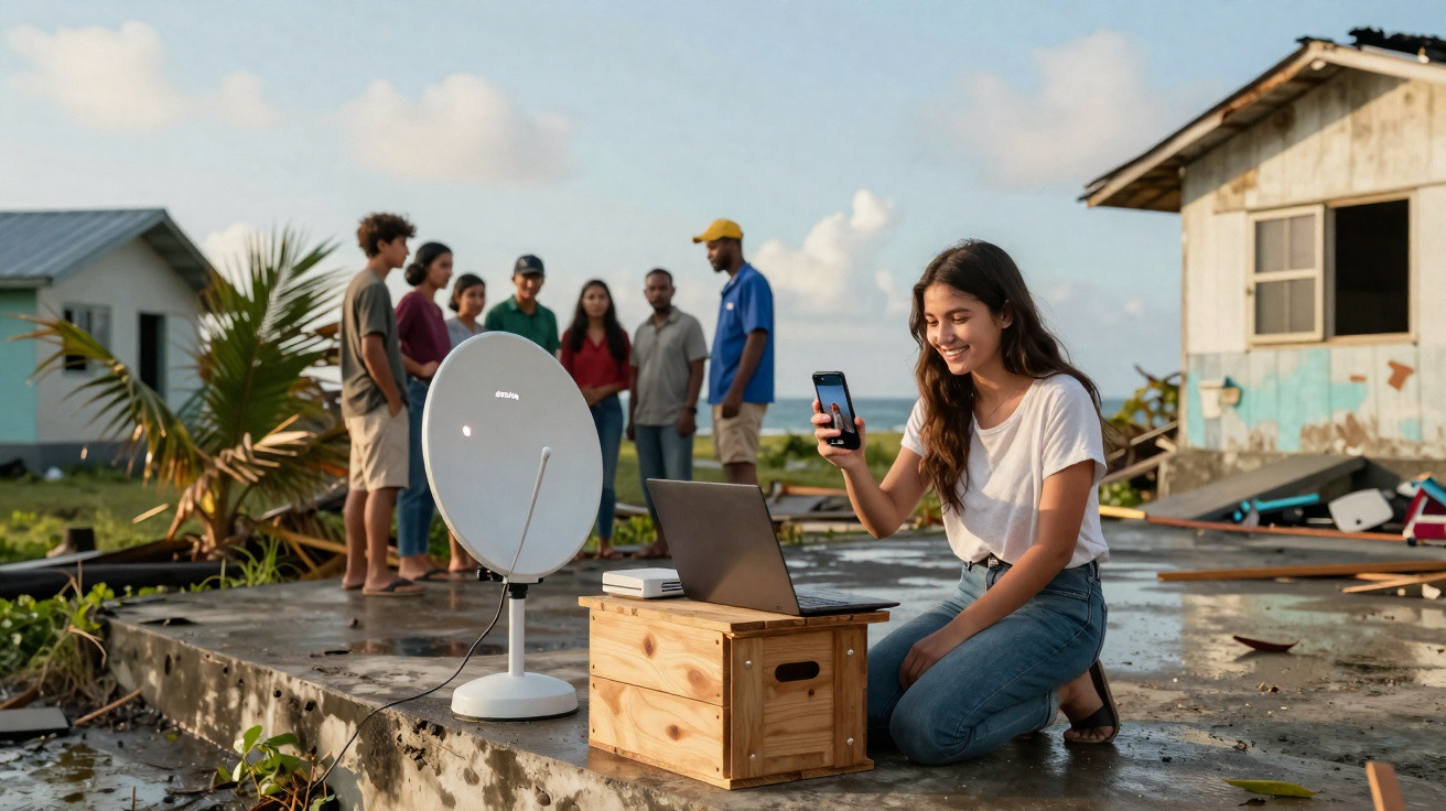 Jovem usando laptop e smartphone ao lado de antena parabólica, com grupo de pessoas ao fundo em área rural.