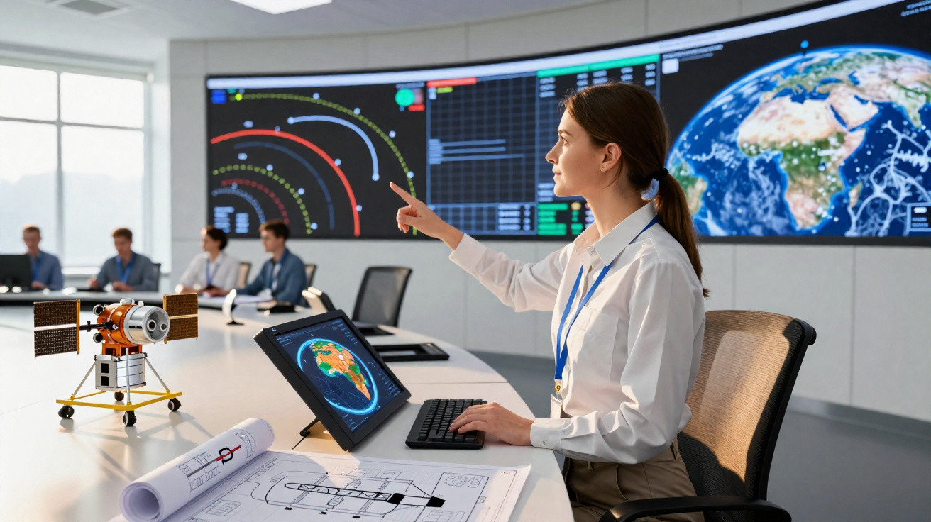 Mulher em centro de controle espacial analisando dados de satélite com mapas em telas digitais.