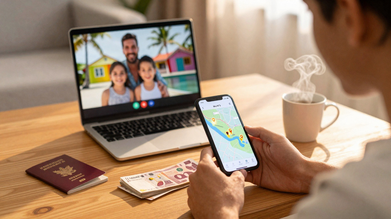 Pessoa segurando celular com mapa na tela, com videochamada de três pessoas no notebook à frente.