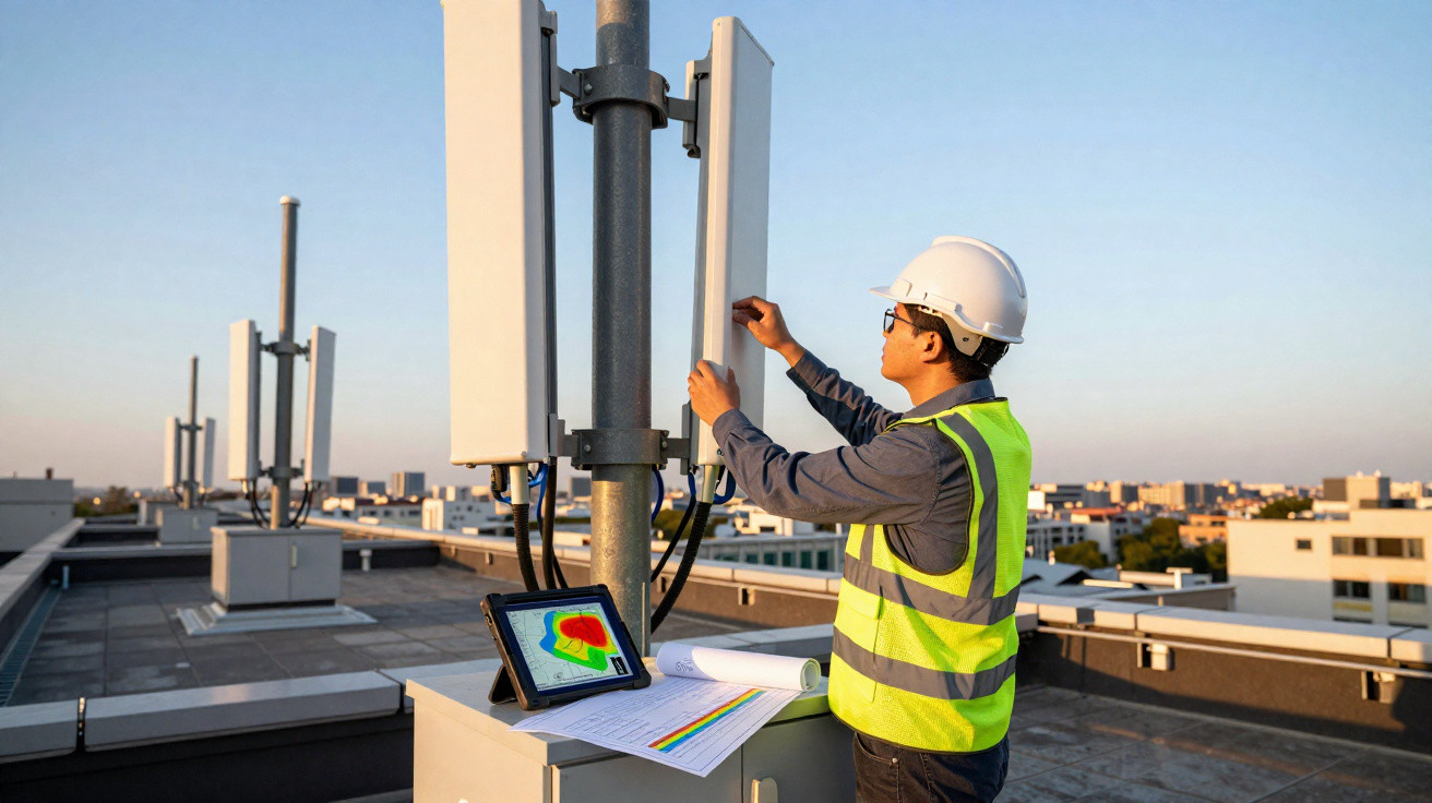 Técnico com colete e capacete ajusta antena em telhado, com tablet e documentos ao lado, ao pôr do sol.