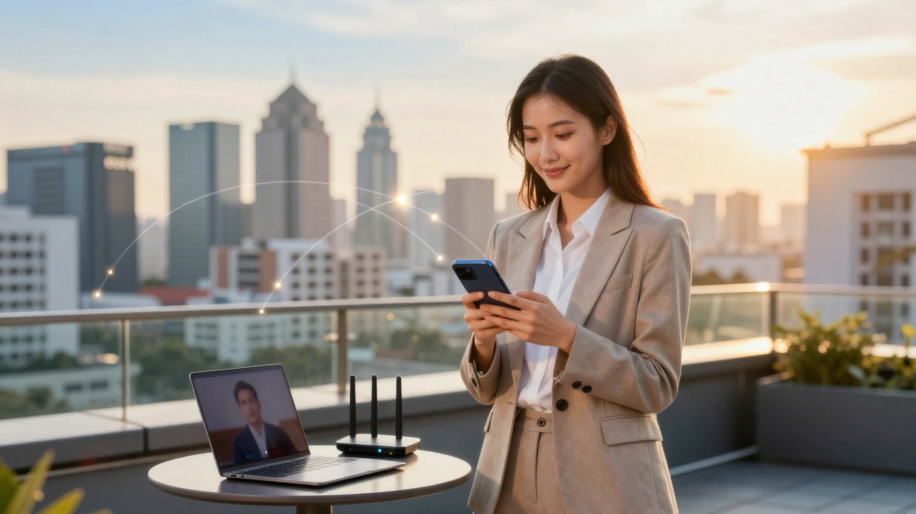 Mulher usando smartphone em terraço com laptop, roteador e skyline urbano ao entardecer.