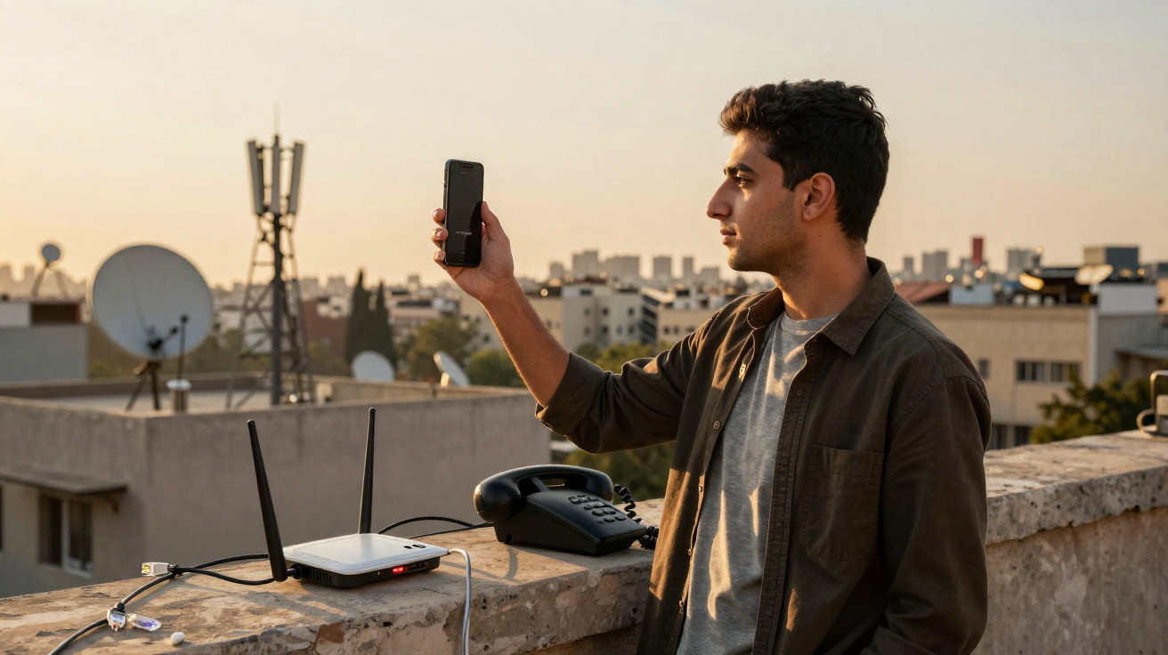 Homem segurando celular em um terraço com roteador e telefone fixo ao entardecer.