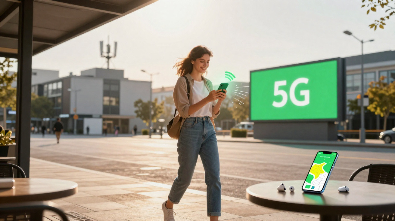 Mulher sorrindo usa celular em área externa, com tela ao fundo exibindo o texto "5G" em verde.