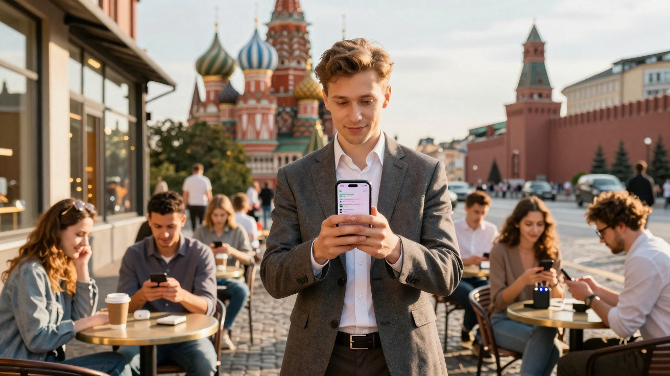 Homem de terno usando celular em praça movimentada com pessoas sentadas em mesas ao ar livre.