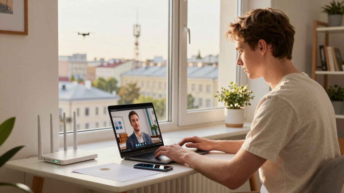Jovem participa de videoconferência em laptop, sentado próximo à janela com vista para prédios.