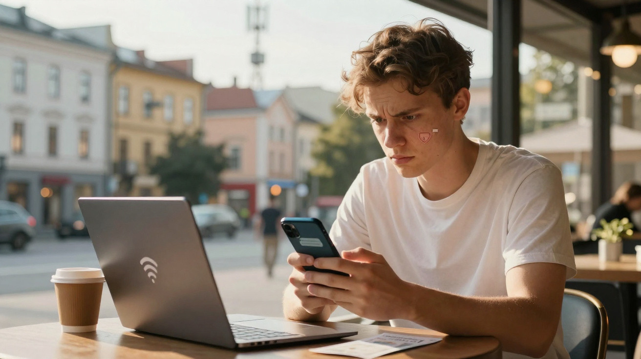 Jovem sentado em cafeteria usando celular e notebook com expressão concentrada em ambiente urbano.