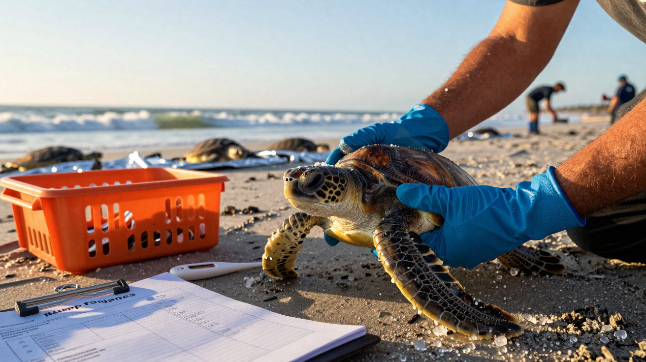 Pessoa com luvas azuis segurando uma tartaruga marinha na praia para monitoramento ambiental.