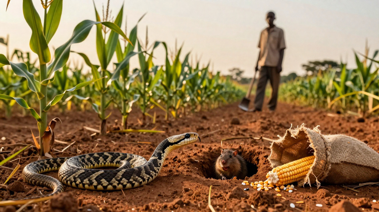 Serpente e rato próximos a espiga de milho no campo, com agricultor ao fundo.