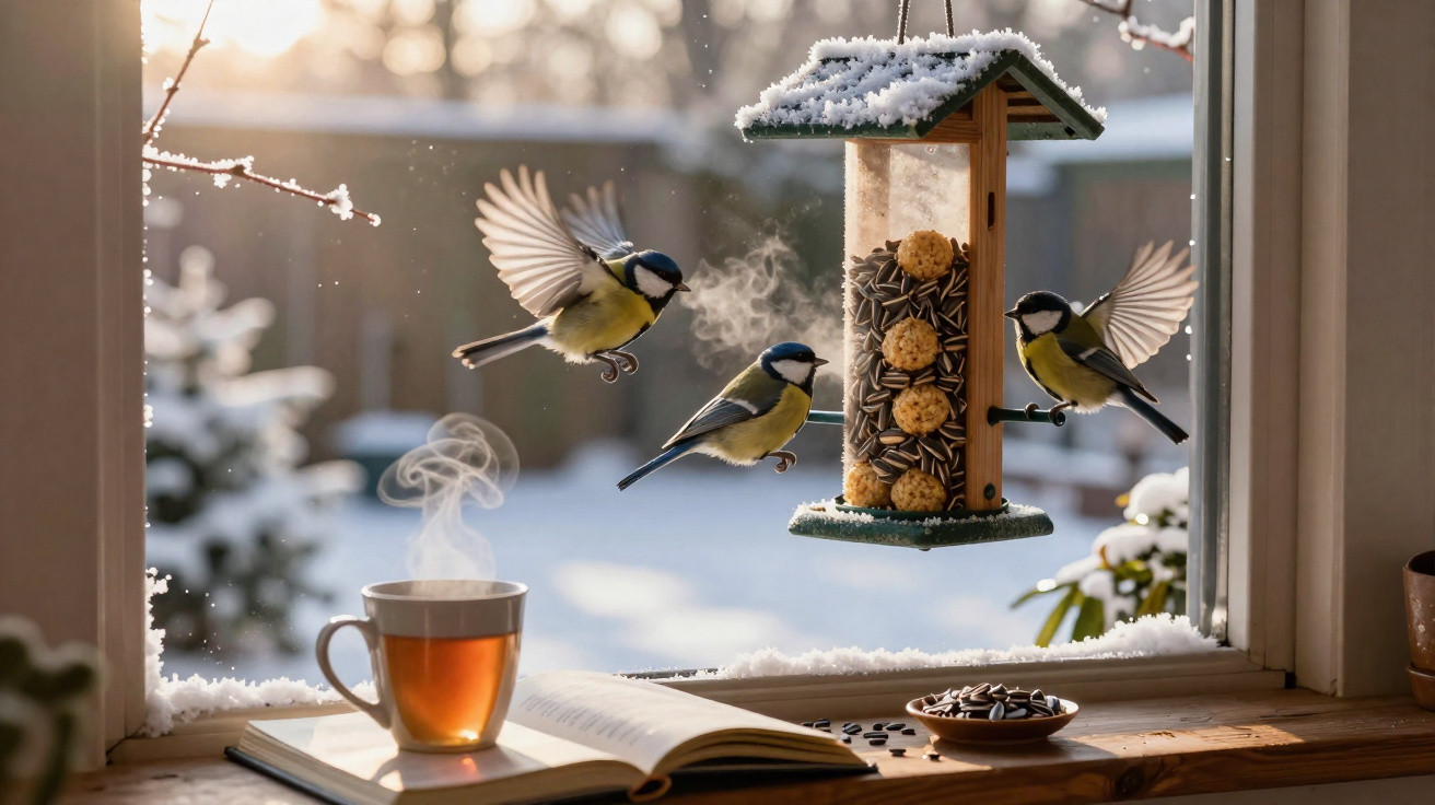 Três pássaros voam perto de comedouro com sementes em janela com neve, xícara de chá e livro aberto.