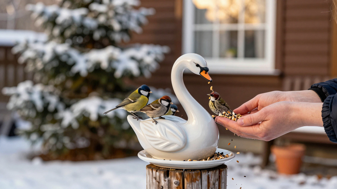 Passarinho se alimentando da mão humana perto de comedouro em formato de cisne branco, com neve ao fundo.