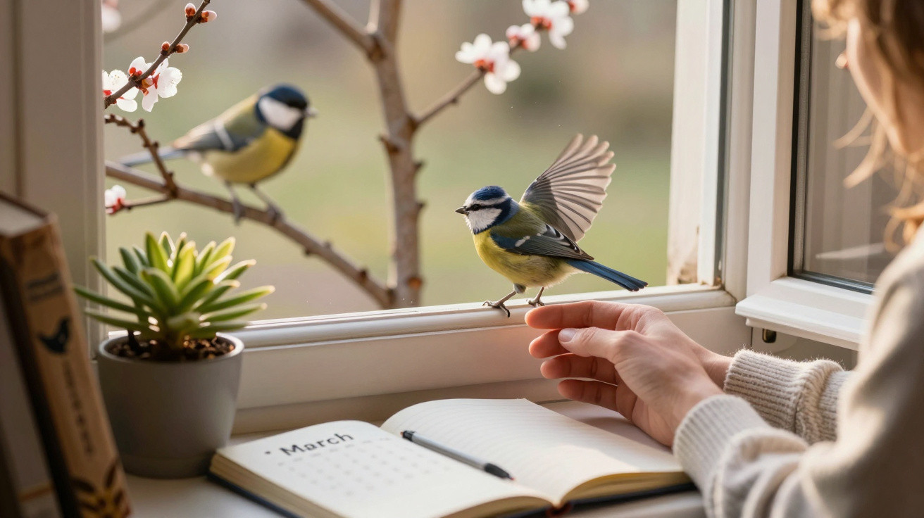 Pessoa alimentando pássaro azul e amarelo em peitoril de janela com caderno aberto e planta ao lado.