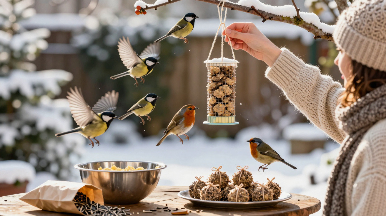 Pessoa alimentando pássaros com gordura para aves pendurada em árvore coberta de neve no inverno.