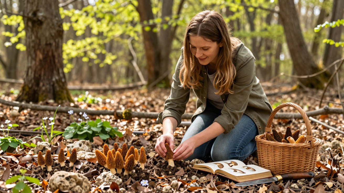 Mulher colhendo cogumelos em floresta com cesta e livro aberto ao lado no chão coberto de folhas.