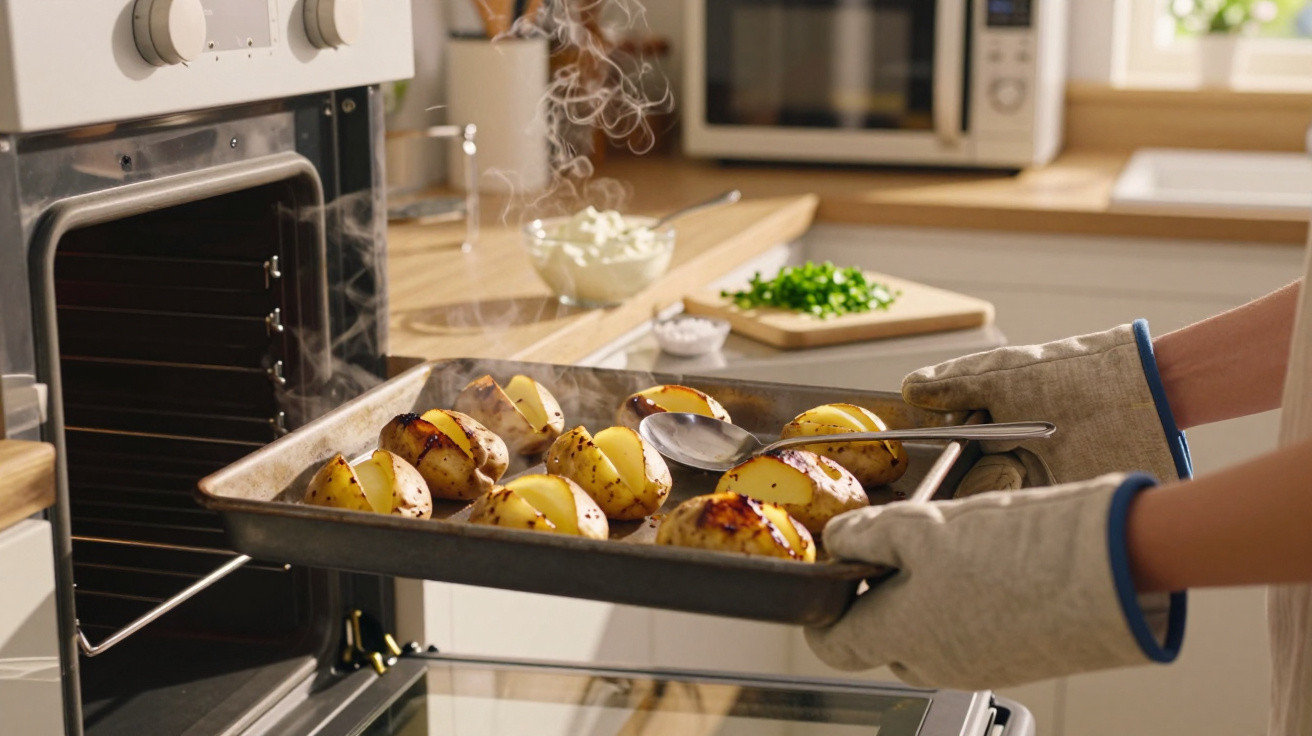 Pessoa usando luvas retira batatas assadas fumegantes do forno em cozinha iluminada.