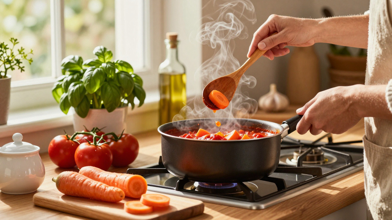 Pessoa mexendo panela com molho de tomate e pedaços de cenoura em fogão à gás, cozinha iluminada.