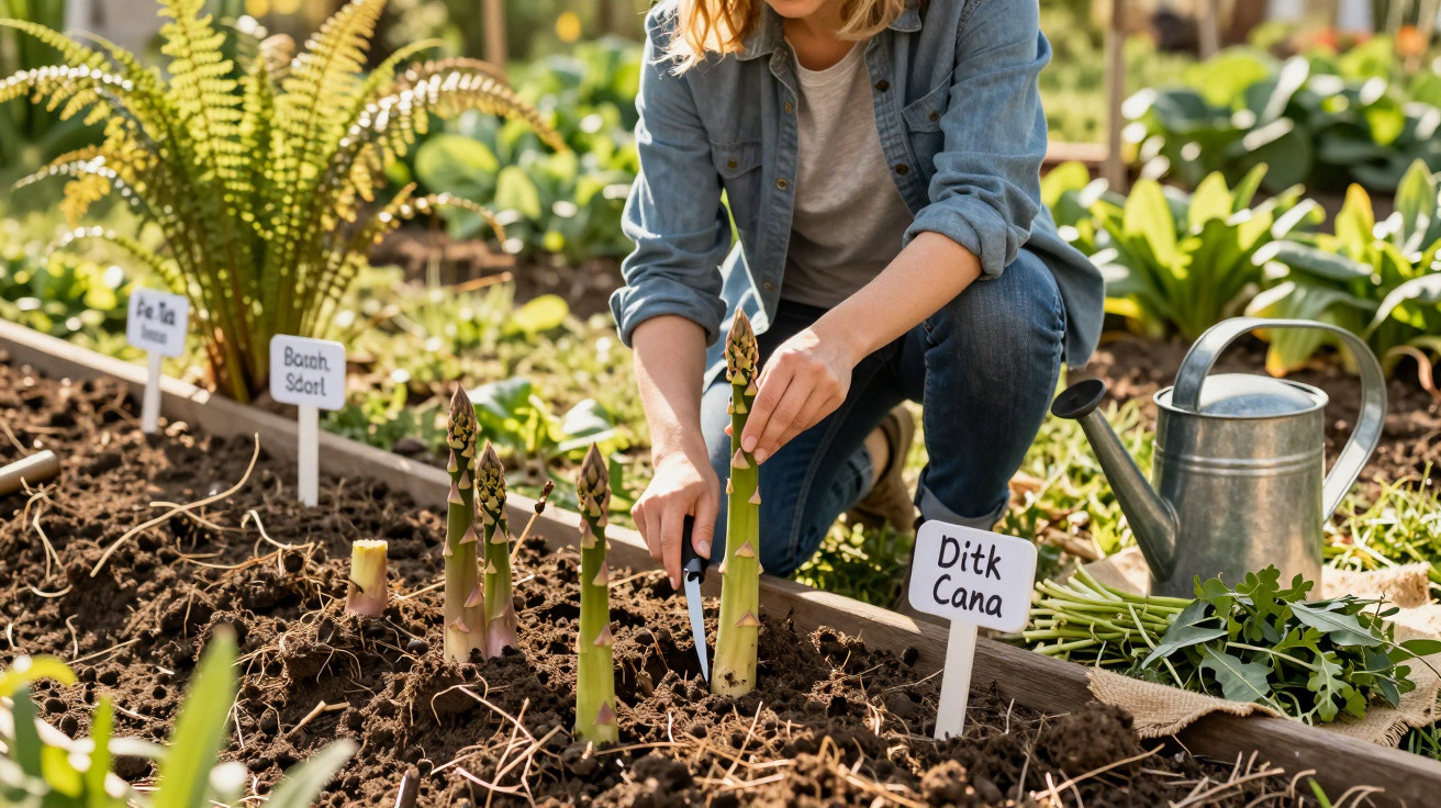 Pessoa cuidando de aspargos em canteiro com regador e plantas ao redor em jardim ensolarado.