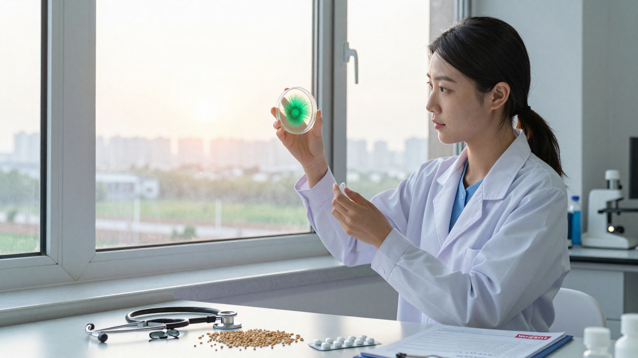 Mulher cientista em jaleco analisa cultura bacteriana em placa de petri em laboratório iluminado pela luz do dia.