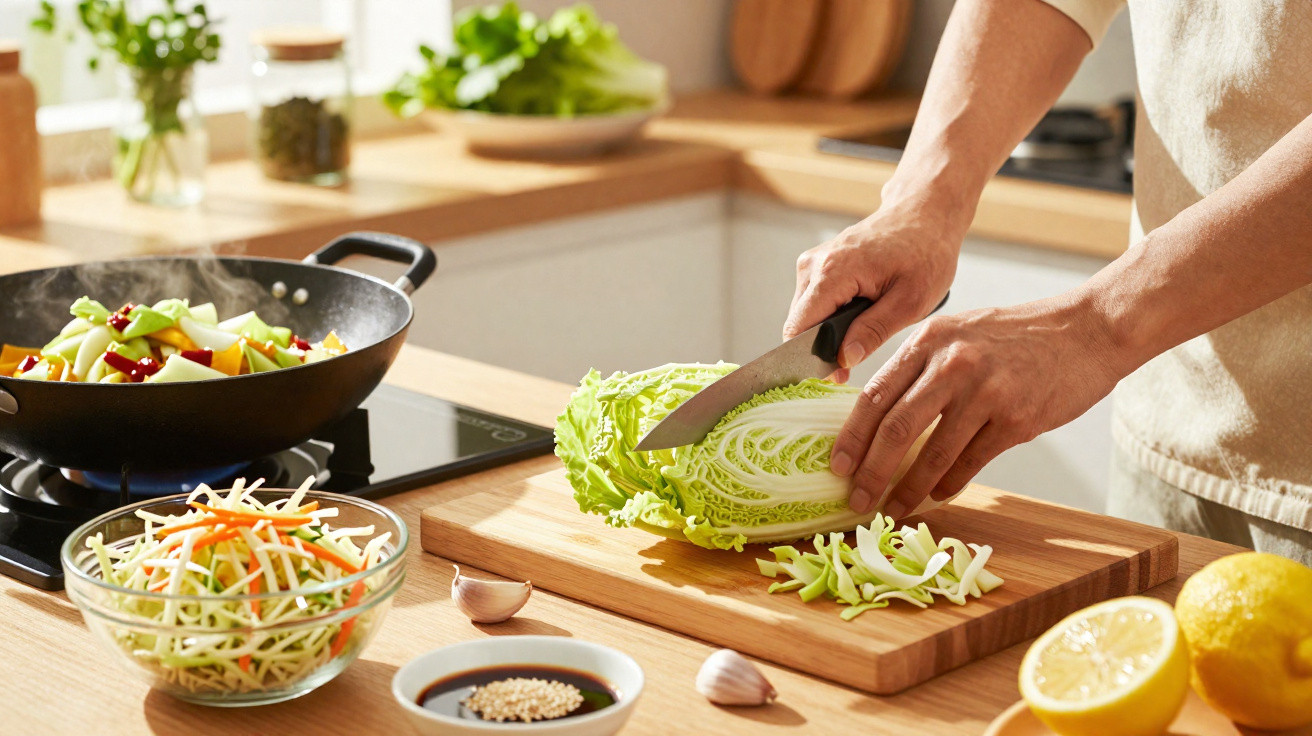 Pessoa cortando repolho em tábua na cozinha com wok, legumes, temperos e limões no balcão.