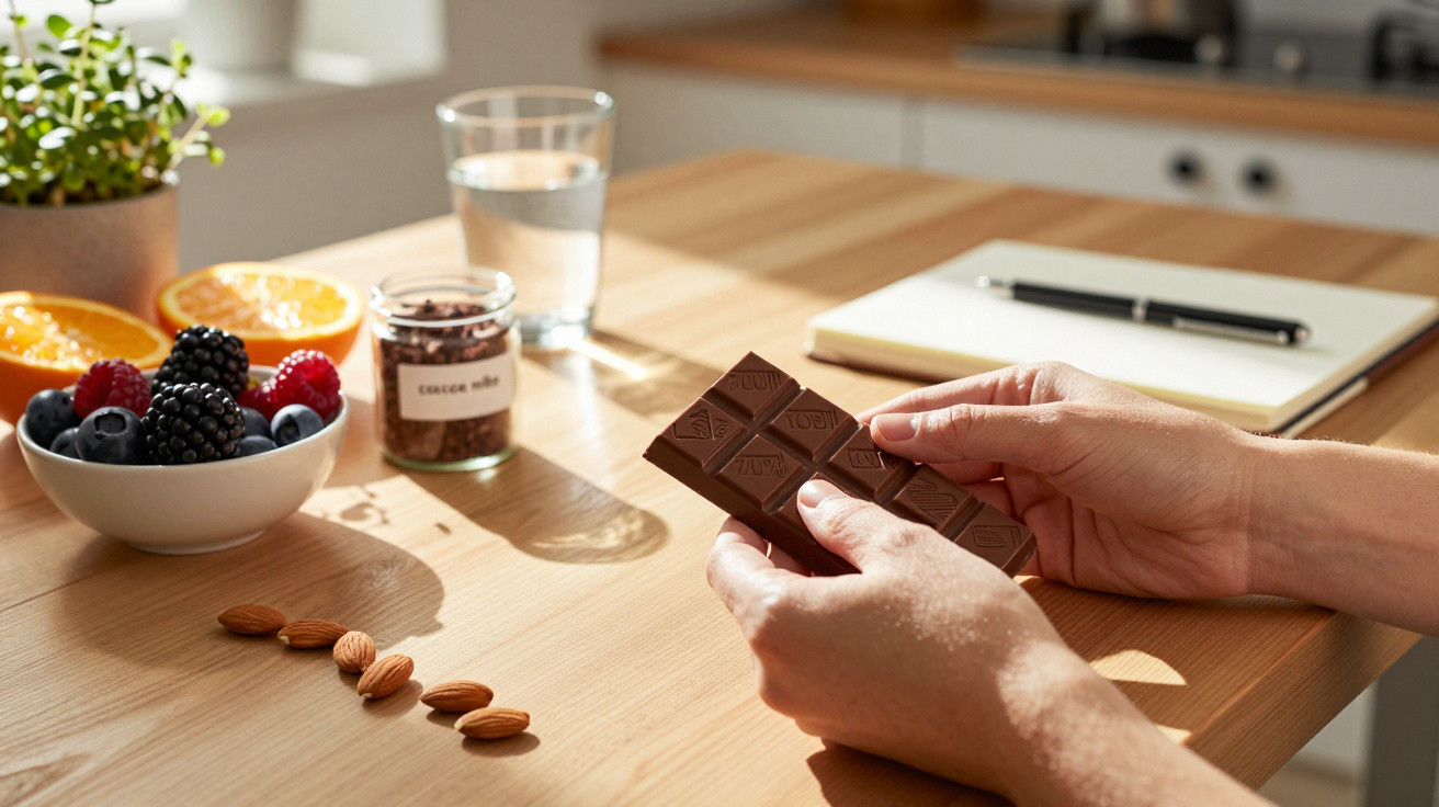 Mãos seguram barra de chocolate em mesa com frutas, amêndoas, um pote de cacau, copo de água e caderno.