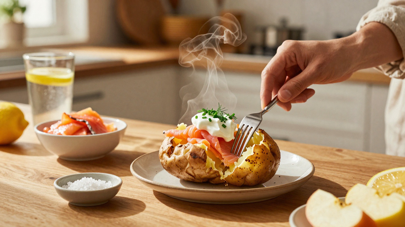 Mão segurando garfo abrindo batata assada com creme, salmão defumado e ervas sobre prato na cozinha.