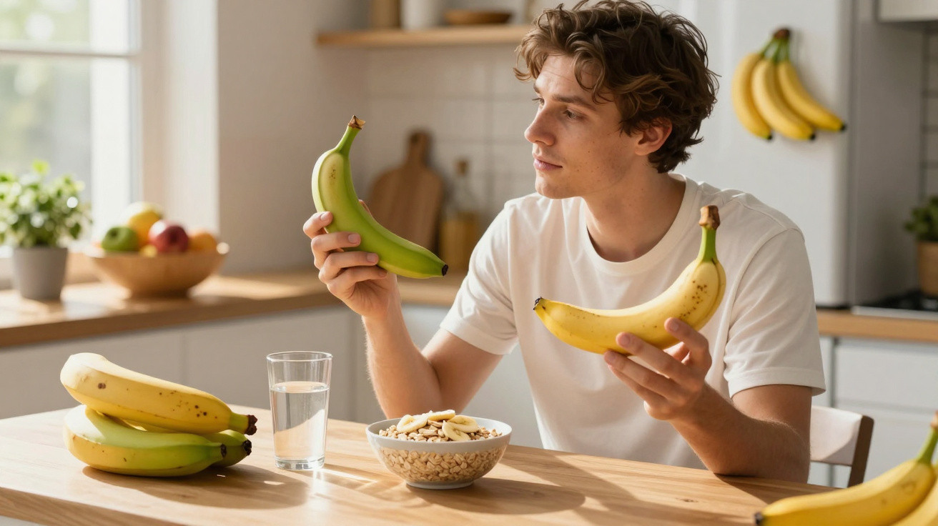 Jovem sentado à mesa, comparando duas bananas, uma verde e outra amarela, em cozinha clara e moderna.