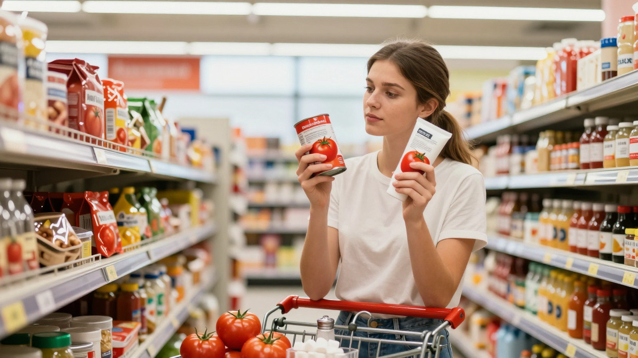 Mulher analisando latas de molho de tomate no corredor de supermercado com carrinho de compras.