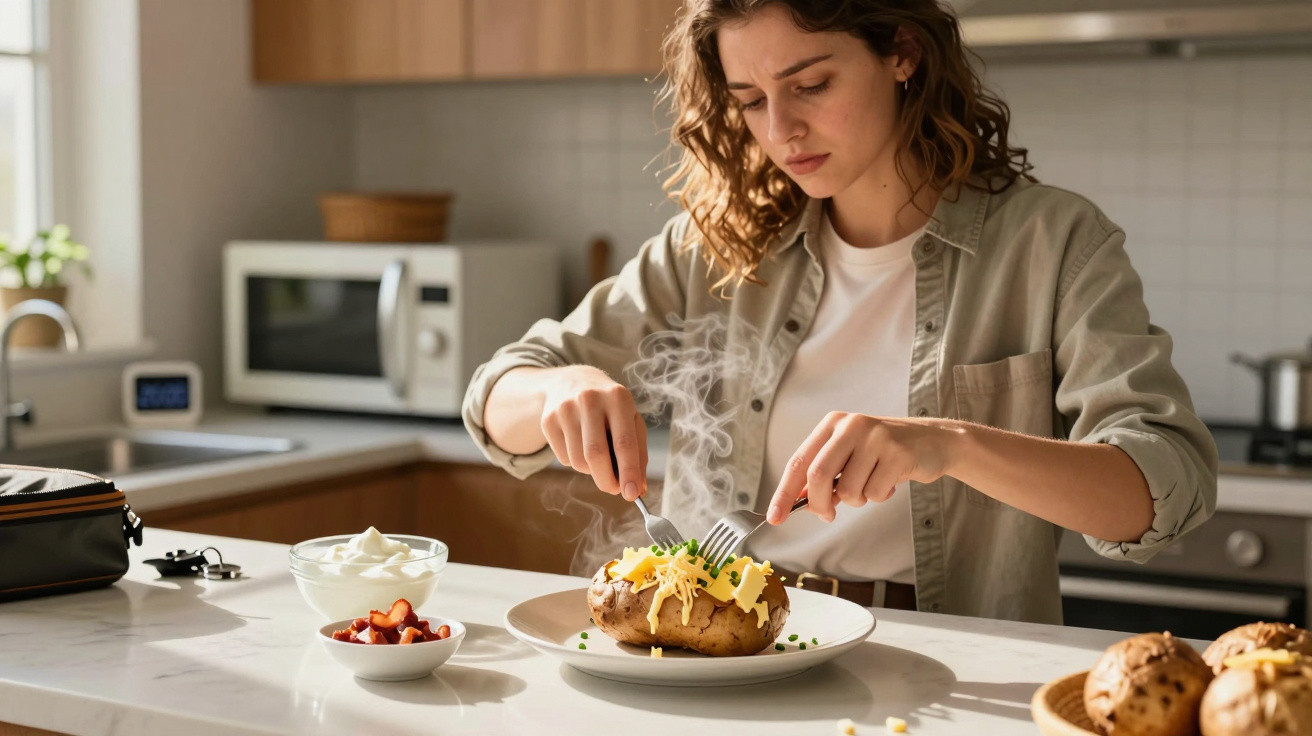 Mulher cortando batata assada quente com queijo e manteiga em cozinha moderna.