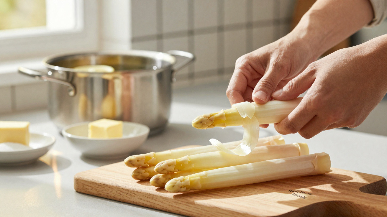 Mãos descascando aspargos brancos sobre tábua de madeira com panela e manteiga ao fundo na cozinha.