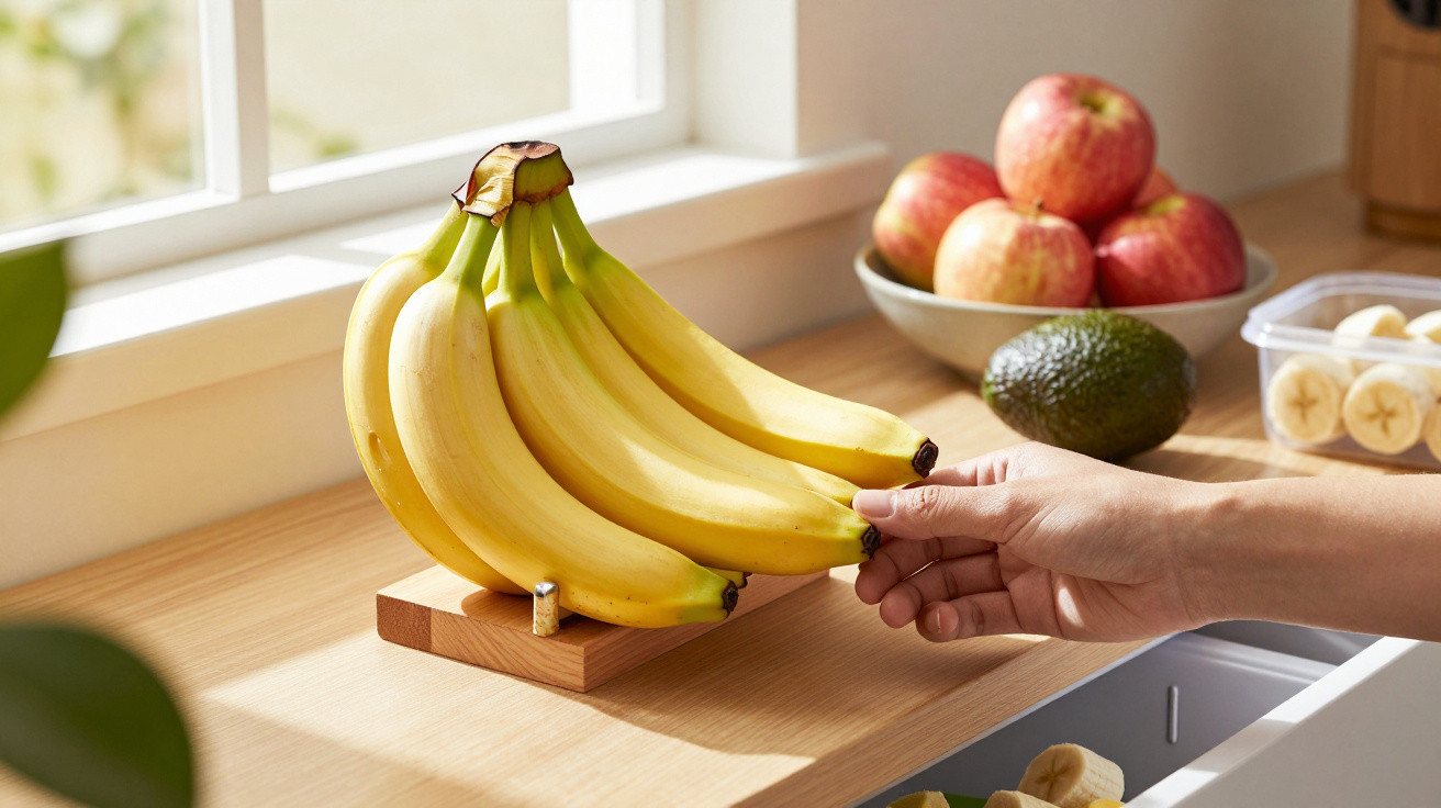 Pessoa segurando cacho de bananas em suporte de madeira em cozinha com frutas sobre bancada iluminada.