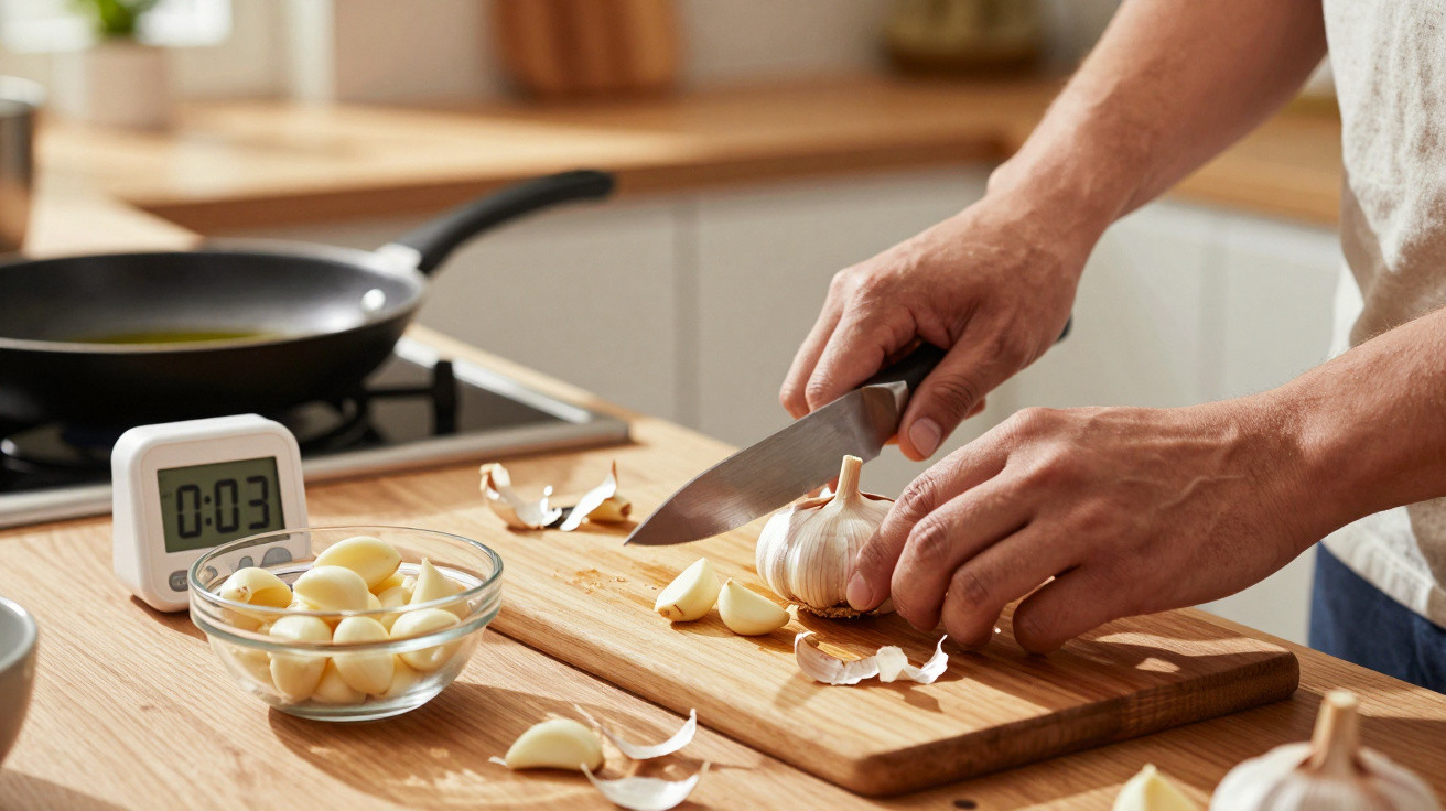 Mãos cortando dentes de alho em tábua de madeira na cozinha com timer e frigideira ao fundo.