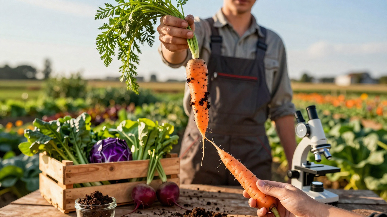 Pessoa com avental segura cenouras recém-colhidas em uma horta, ao lado de caixa com legumes e microscópio.