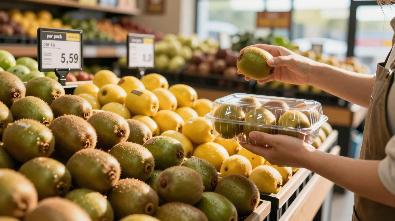 Pessoa segurando pote plástico de kiwis em feira de frutas, com limões ao fundo e etiquetas de preço.