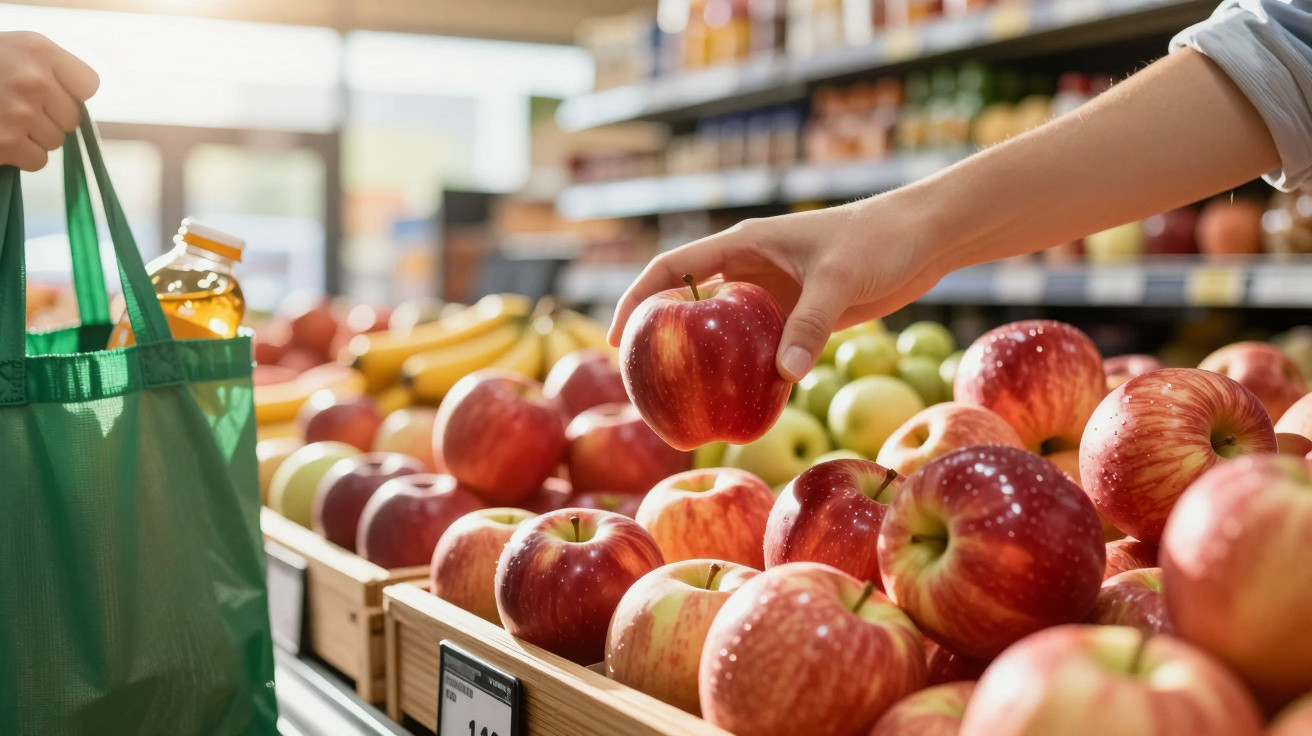 Pessoa segurando maçã vermelha em supermercado ao lado de sacola verde com suco e frutas.